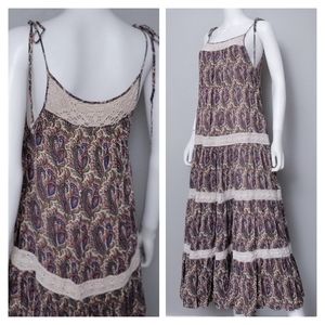 Ralph Lauren Dress • Boho Print • Crochet Lace • Tiered Maxi Skirt • S M